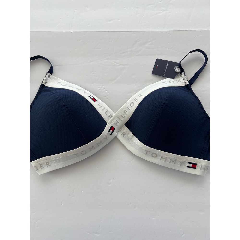 Tommy Hilfiger Navy Wirefree Bra Light Lift Cross-Front Logo 36D New